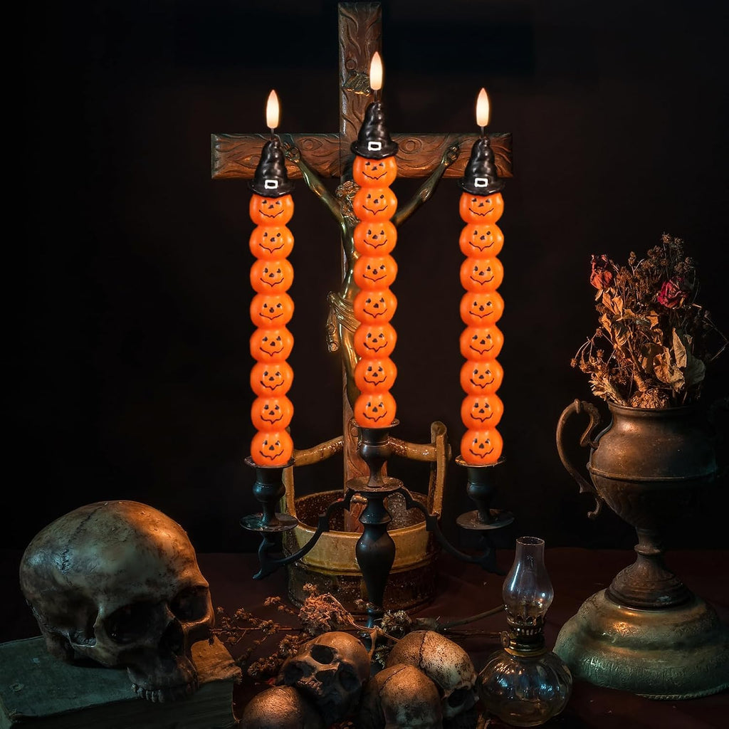 Halloween Pumpkins Flameless Taper Candles with 6H Timer
