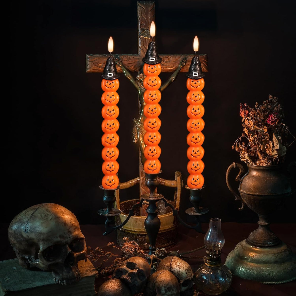 Halloween Pumpkins Flameless Taper Candles with 6H Timer