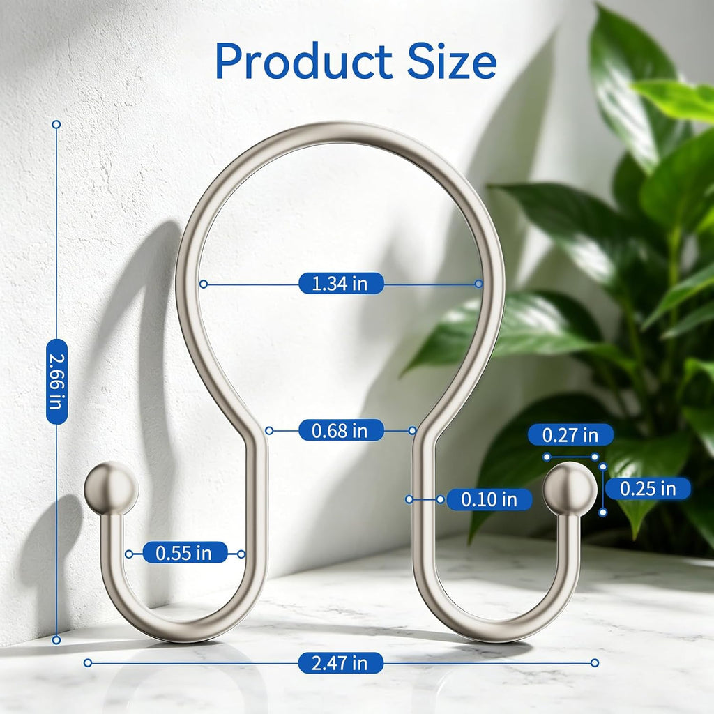 OEH Shower Curtain Hooks, 12 Pcs Minimalist Shower Curtain Rings, Metal Shower Curtain Hangers, Double Hook Shower Curtain Hooks Rust Proof, Smooth Sturdy Shower Hooks for Shower Curtain, Matte Nickel