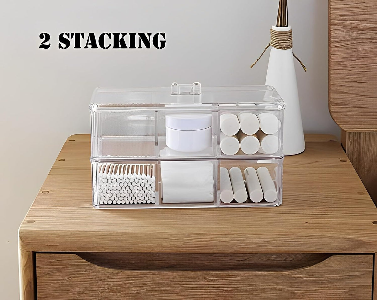 Sooyee Qtip Holder Rectangle Cotton Ball and Swab Holder Organizer with Lid, Dustproof,Waterproof,Clear Acrylic 3 Compartment Cotton Pad Container for Cotton Swabs, Make Up Pads, Cosmetics