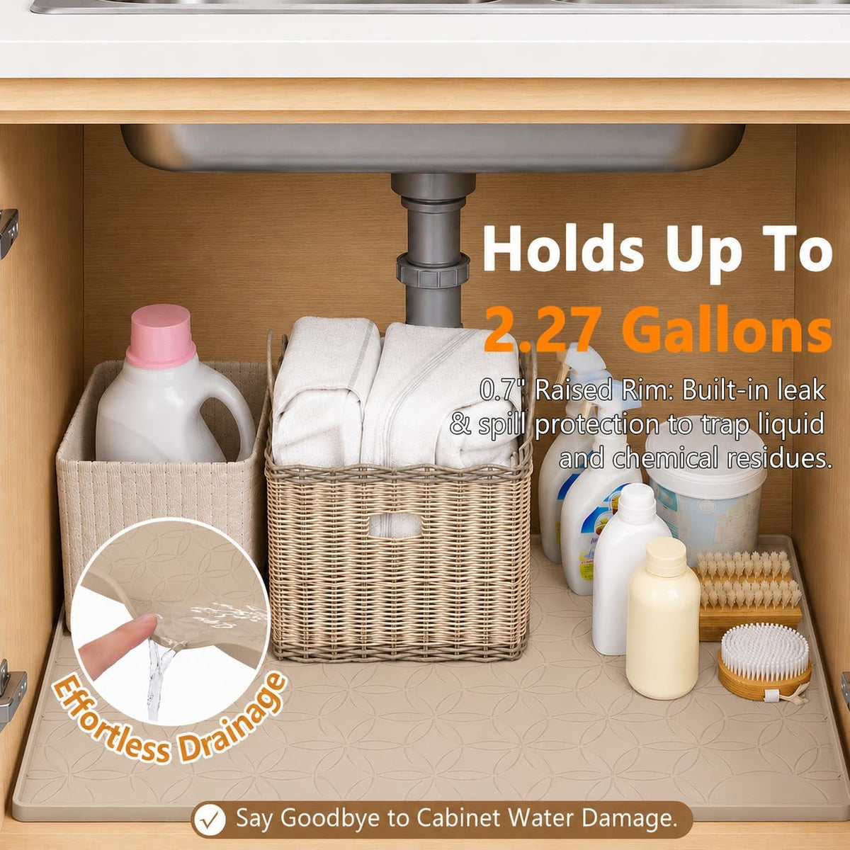 34"x22" Silicone Shelf Liner & Waterproof Under Sink Mat(Taupe)
