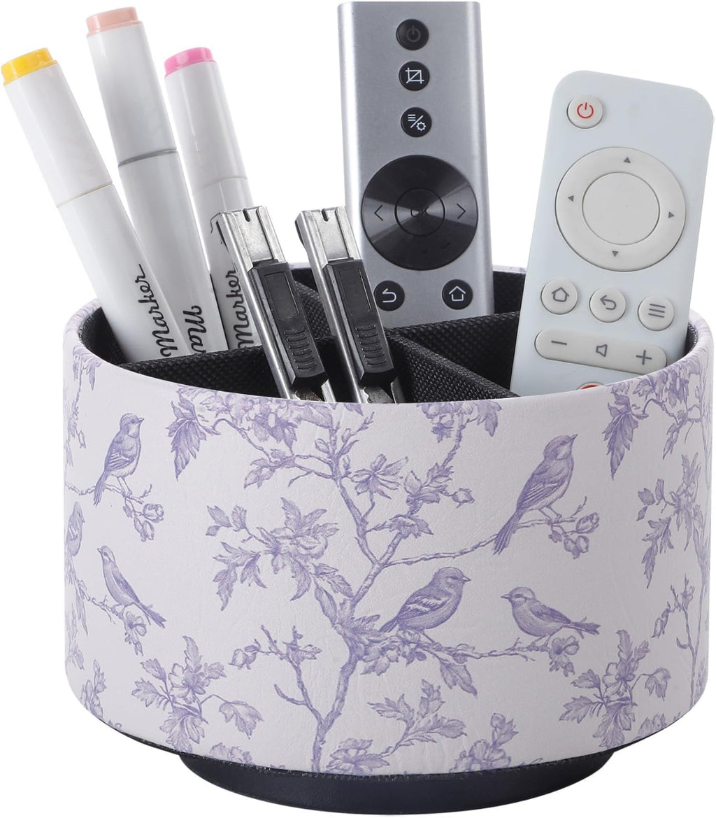 Rotating Remote Control Holder, 360 Spinning Desk Organizer Caddy for Coffee Table, Living Room & Nightstand, PU Leather TV Remote Caddy, Pen Pencil Holder for Desk, Blue Bird PH127