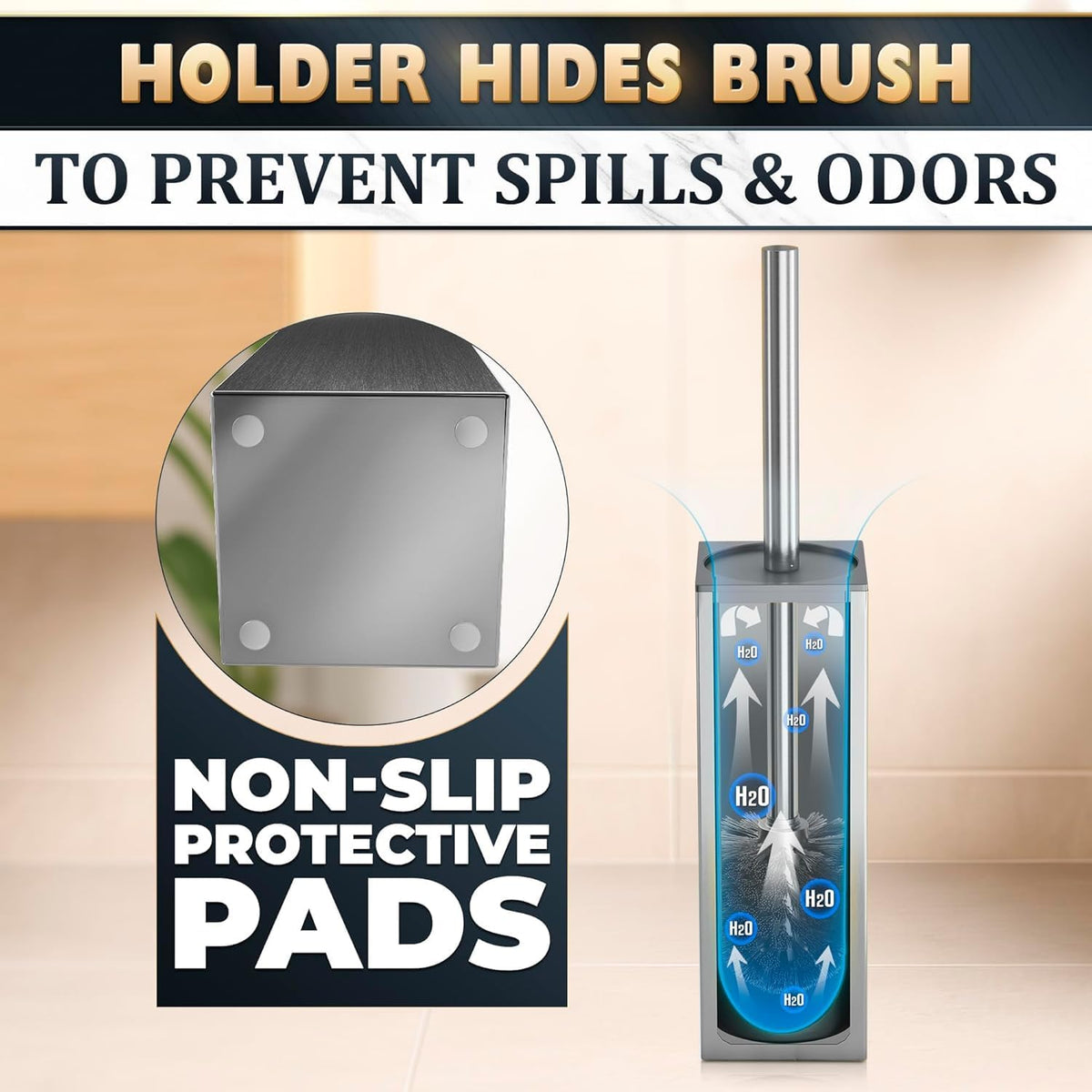 Silver Toilet Brush and Holder Set, Freestanding (Square Shape)