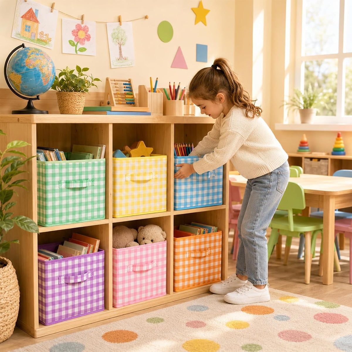 6 Pack 11 Inch Colorful Gingham Cube Storage Bins Fabric Checkered Basket