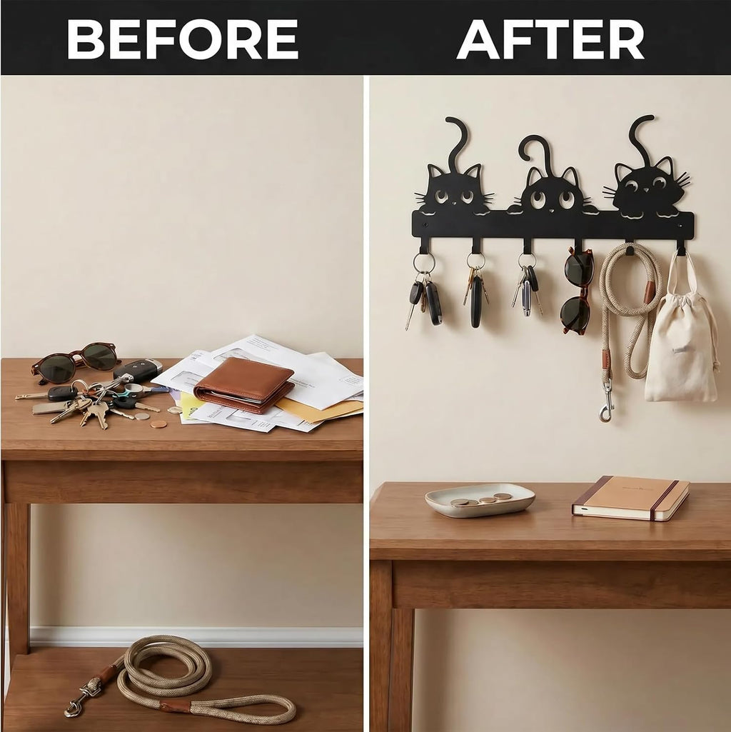 Cat Key Holder for Wall, 3-Cat Key Hanger with 8 Hooks