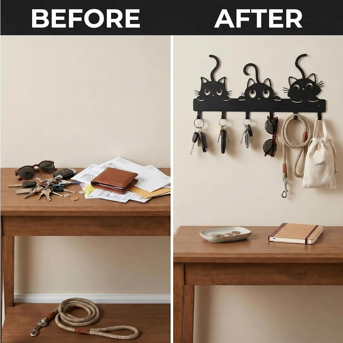 Cat Key Holder for Wall, 3-Cat Key Hanger with 8 Hooks
