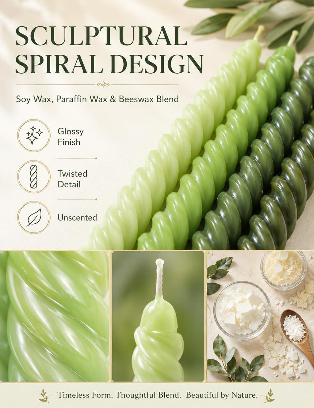 10 Inch Gradient-Green Spiral Taper Candle Set, 6 Pack Unscented Dripless Candlesticks for Dinner St. Patrick's Day Earth Day and Garden Parties
