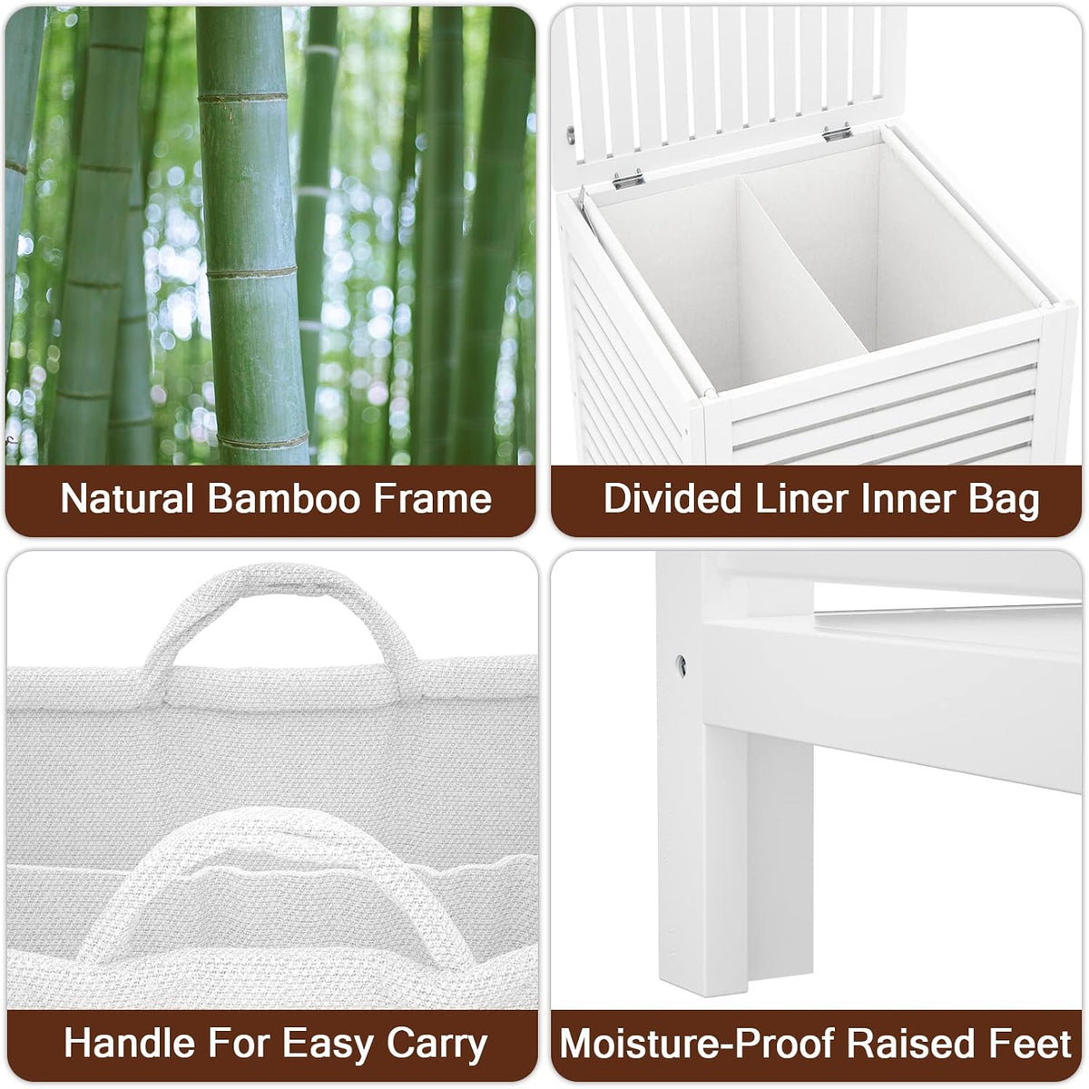 Homykic 120L Bamboo Laundry Hamper with Lid and Removable Liner Bag, White