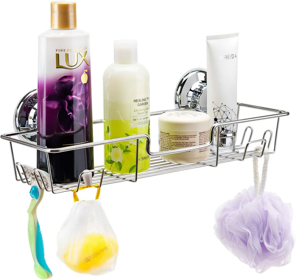 iPEGTOP Strong Suction Cup Adhesive Shower Caddy Bath Shelf Storage with Hooks, Combo Organizer Basket for Shampoo, Conditioner, Soap, Razor Bathroom Accessories - Rustproof Stainless Steel