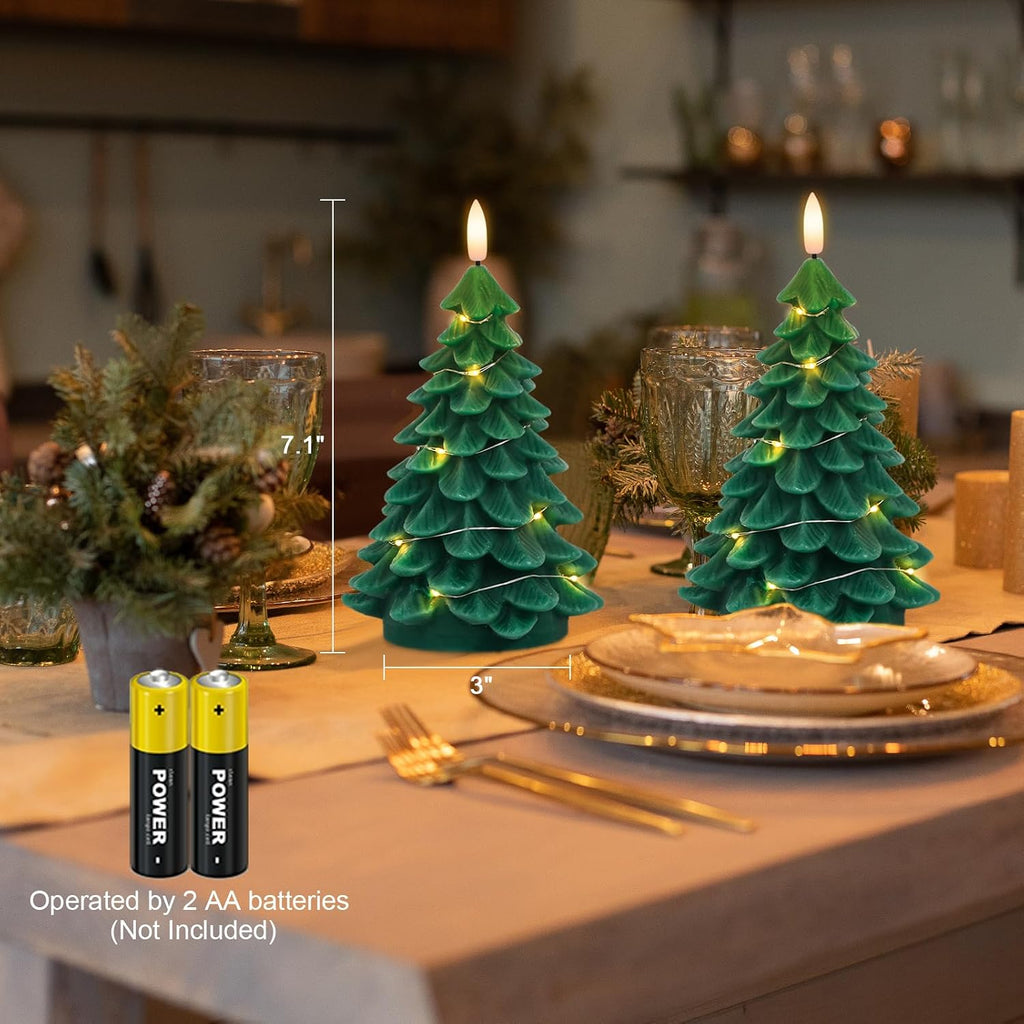 Christmas Tree Candles with String Light & Remote Timer Green