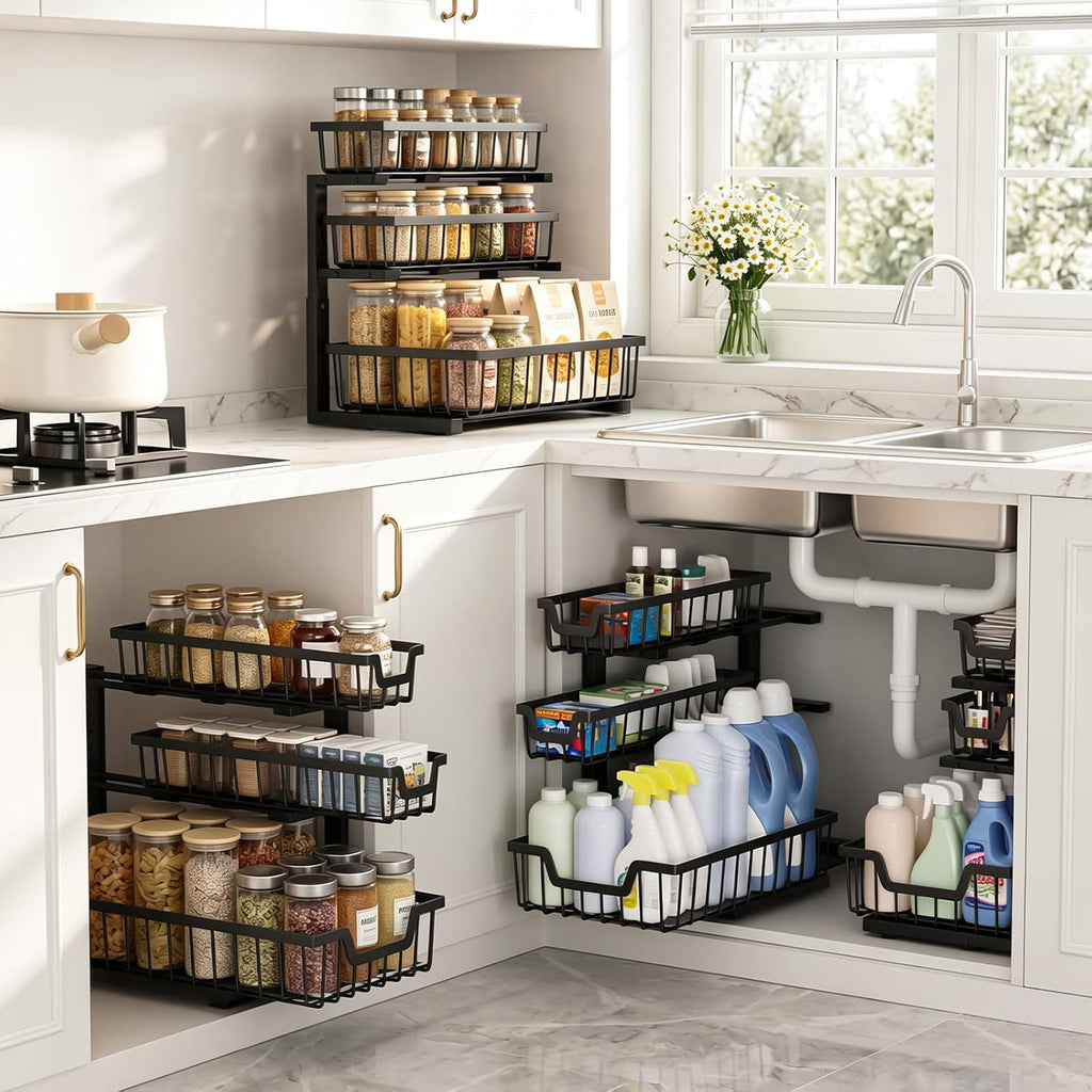 Under Sink Organizer, 2-Pack 3-Tier Height Adjustable Thickened Metal Pull out Cabinet Organizer Shelf, Slide out Storage Drawer Rack for Bathroom Kitchen Pantry Home Laundry Organization (Black)