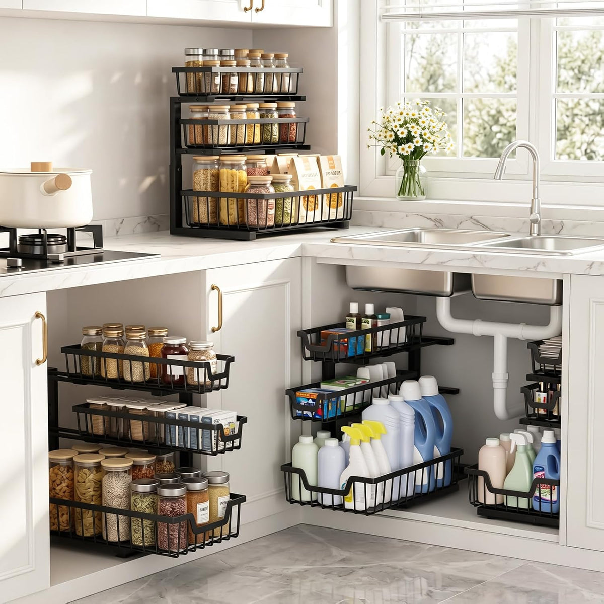 Under Sink Organizer, 2-Pack 3-Tier Height Adjustable Thickened Metal Pull out Cabinet Organizer Shelf, Slide out Storage Drawer Rack for Bathroom Kitchen Pantry Home Laundry Organization (Black)
