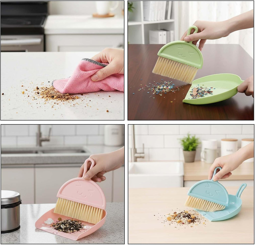 3 Pcs Mini Broom and Dustpan Set with Pink Towel, Small Brush Handheld Broom, Hangable Dustpan for Cleaning Tables, Sofas, Cars, Keyboards, Kitchen Countertops