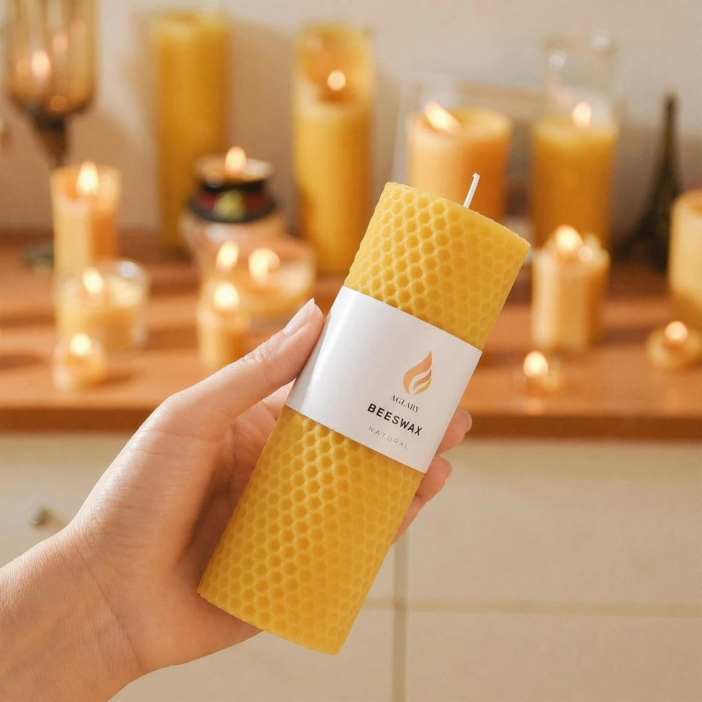 6-Pack 2x6 Beeswax Pillar Candles, Hand-Rolled Honeycomb, Natural Yellow
