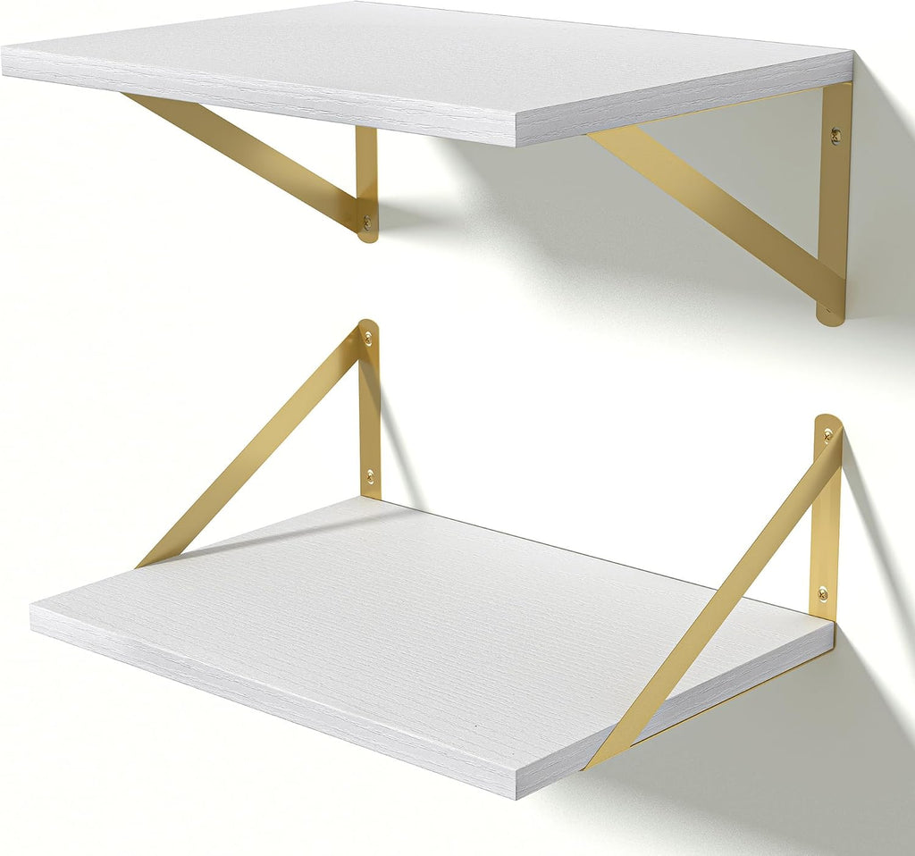 Heimlove 12 Inch Deep White Floating Shelves for Wall，Wood Floating Shelves 16" W x 12" D Set of 2，Wall Mounted Shelves for Living Room, Bedroom, Kitchen, Bathroom and Decor Storage,Gold Bracket