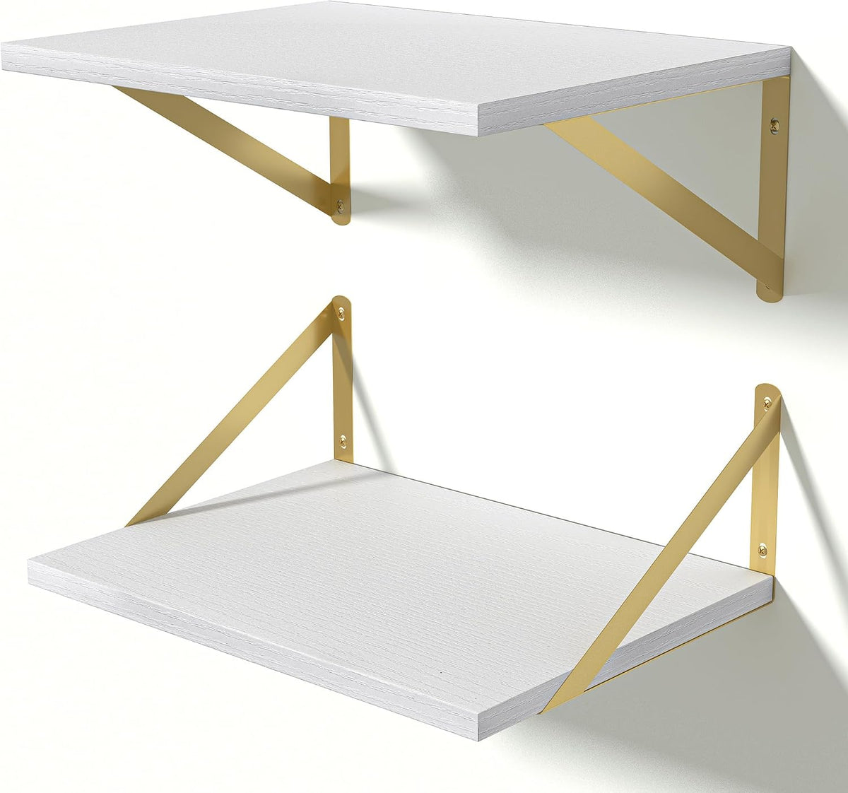 Heimlove 12 Inch Deep White Floating Shelves for Wall，Wood Floating Shelves 16" W x 12" D Set of 2，Wall Mounted Shelves for Living Room, Bedroom, Kitchen, Bathroom and Decor Storage,Gold Bracket