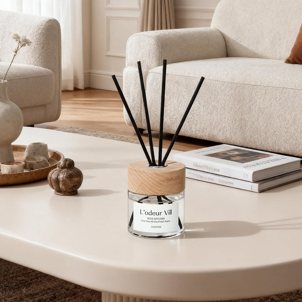 L'odeur Vill Reed Diffuser Set,Jasmine 3.4 fl oz(100 ml) Oil Diffuser with 6 Reed Sticks, Home Fragrance Reed Diffuser for Bathroom Shelf Decor Scent Diffuser