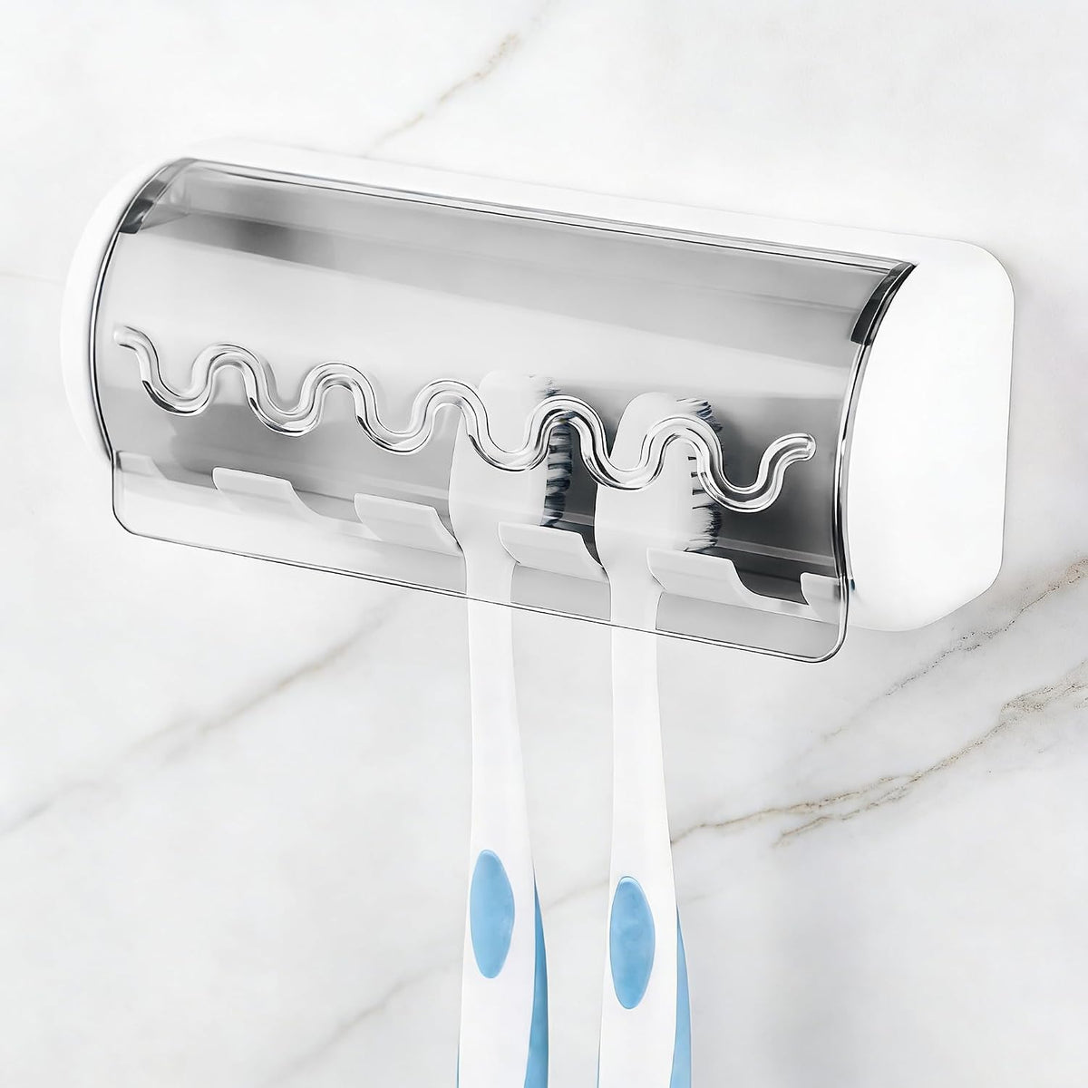 1 PCS Self Adhesive Toothbrush Holder with Cover for Bathroom, 5-Slot Wall Mounted Toothbrush Organizer Rack for Shower, Dorm, Cabinet (Grey)