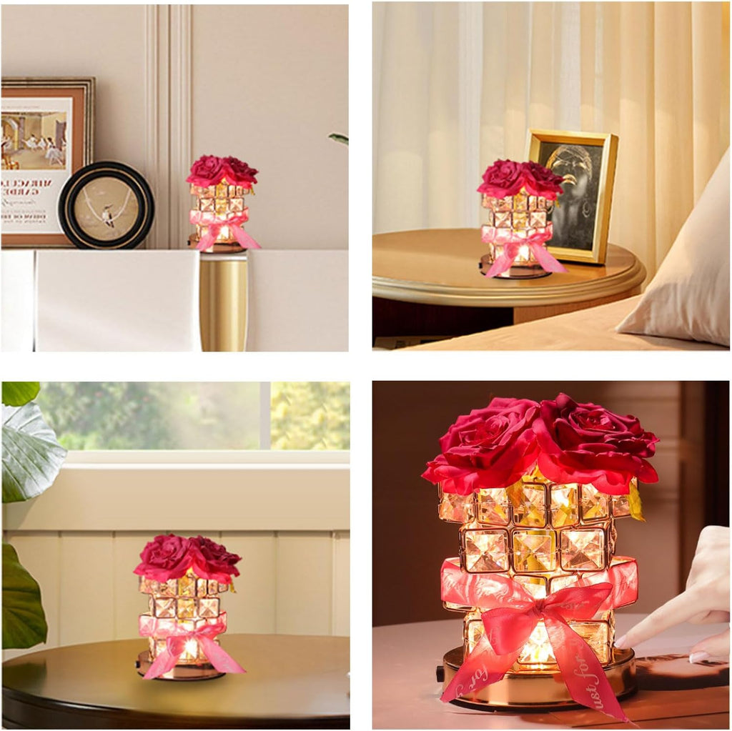 Crystal Table Lamp, Rechargeable Cordless Rose Light 3 Colors Dimmable Flower Lamp, Romantic LED Diamond Lamp for Bedroom Living Room Decor, Valentine Birthday Gift for Her (Rose Red)