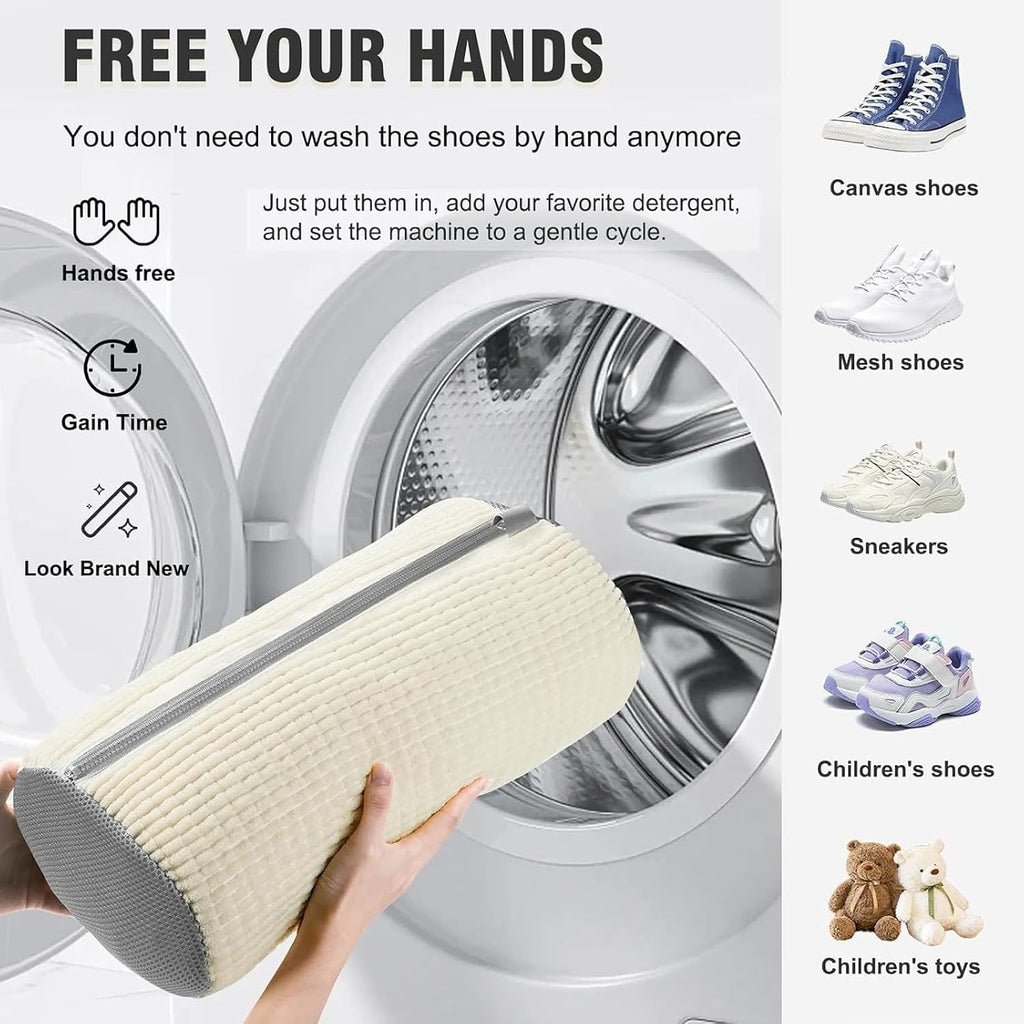 Shoe Washing Machine Bag，2PCS Laundry Shoe Bags for Sneaker，Washer and Dryer Reusable Shoes Cleaning Bag for All Shoe Sizes - Cream