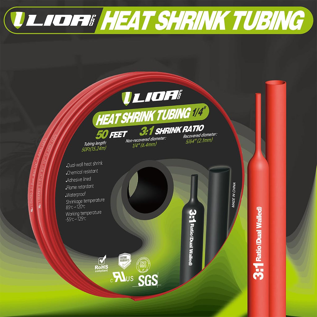 1/4" Red Heat Shrink Tubing 50FT - 3:1 Dual Wall Adhesive Lined, Waterproof Insulation, UL Listed for Automotive Wires, Electronics & DIY Repair