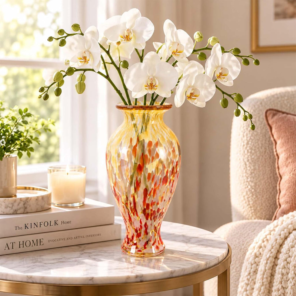 11.8" Tall Glass Vase Beautiful Hand Blown Glass Vase Modern Art Home Decor, Wide Mouth Colorful Vases for Mantle Dining Table Centerpiece, Entryway Living Room Wedding Decoration (Amber Swirl)