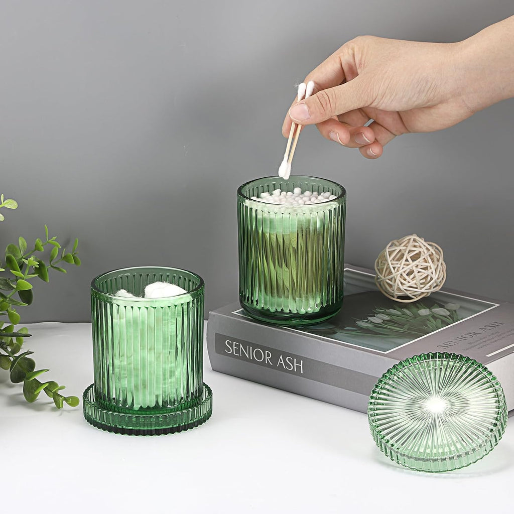 Hipiwe 2 Pcs Qtip Apothecary Jars with Lid Green Glass Bathroom Dispenser