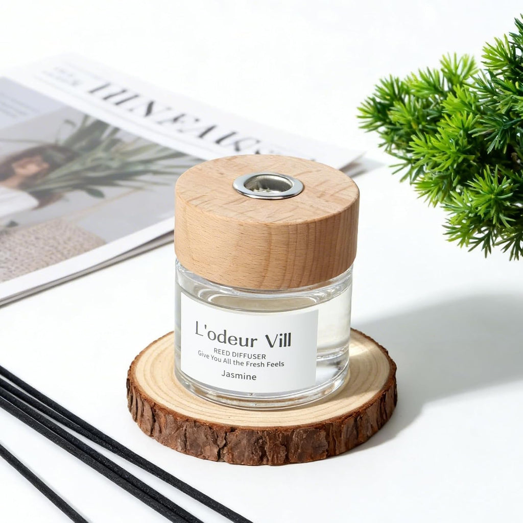L'odeur Vill Reed Diffuser Set,Jasmine 3.4 fl oz(100 ml) Oil Diffuser with 6 Reed Sticks, Home Fragrance Reed Diffuser for Bathroom Shelf Decor Scent Diffuser