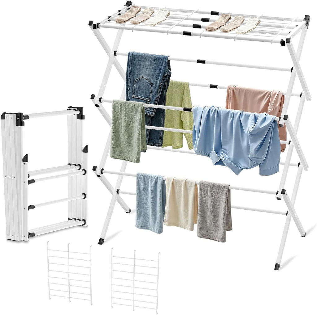 BAKON Space Saving Foldable Clothes Drying Rack, Extendable Rustproof Laundry Rack for Indoor Outdoor Use, No Assembly Required, Suitable for Bathroom Laundry Room Apartment RV, Gray, 2 Mesh
