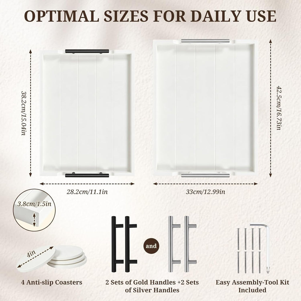 SXNOWS Set of 2 Wood Serving Trays with Black and Silver Handles