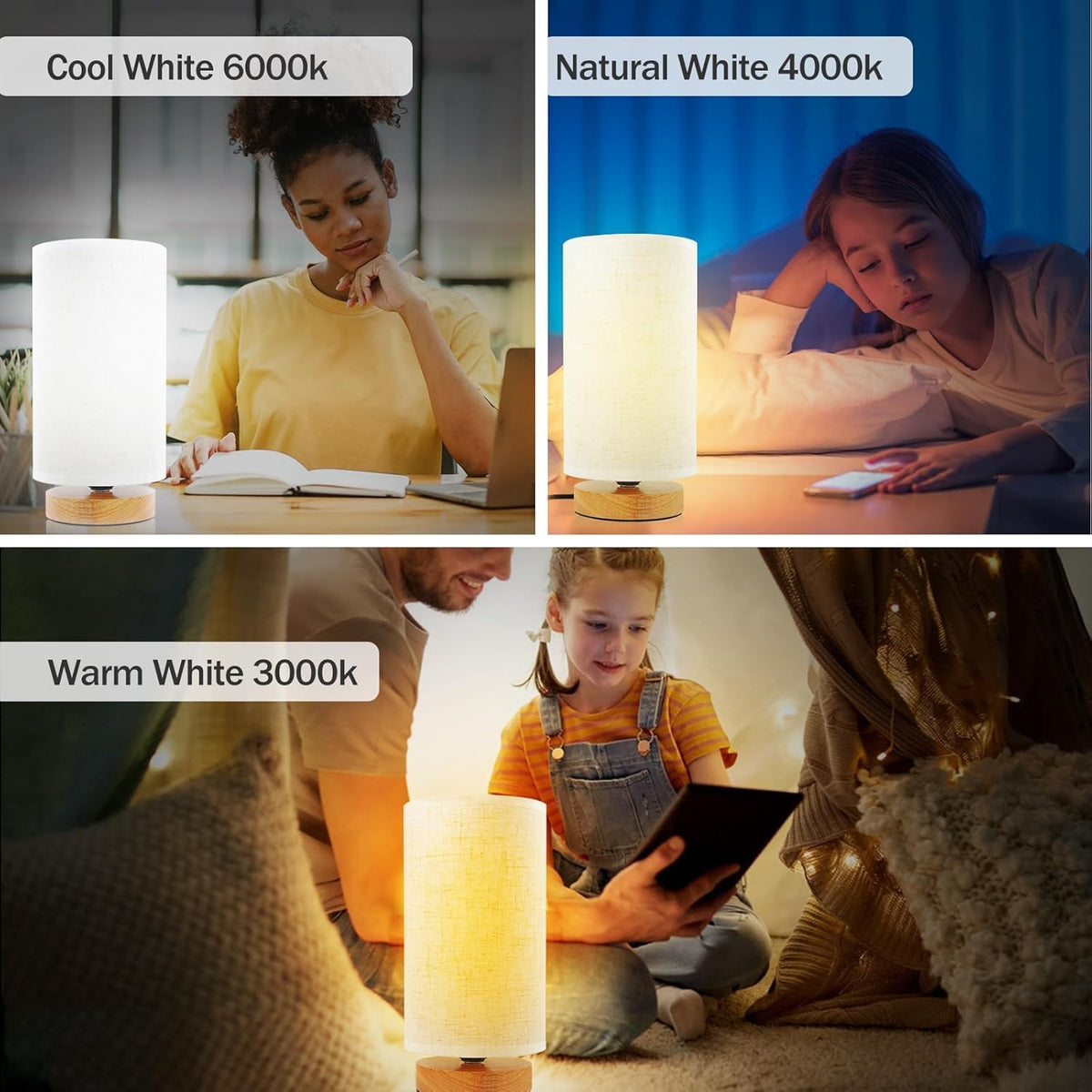 3-Color Adjustable Bedside Table Lamp for Bedroom,Wood Base & Fabric Shade