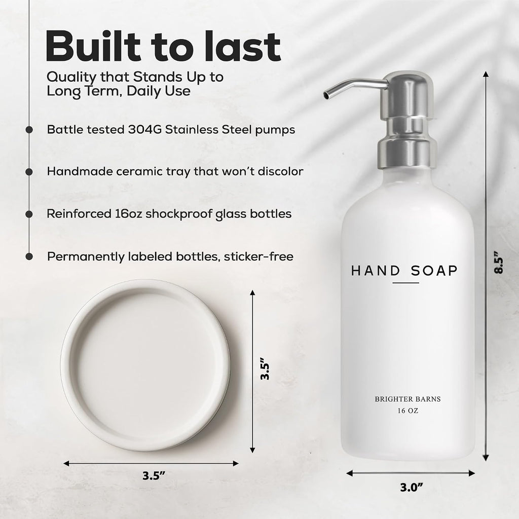 White Glass Hand Soap Dispenser Bathroom Set by Brighter Barns - Bathroom Soap Dispenser Set with Ceramic Tray - Refillable Glass Bottle Pump - Modern Home Decor for Airbnb, Hotel, Restaurants (White)