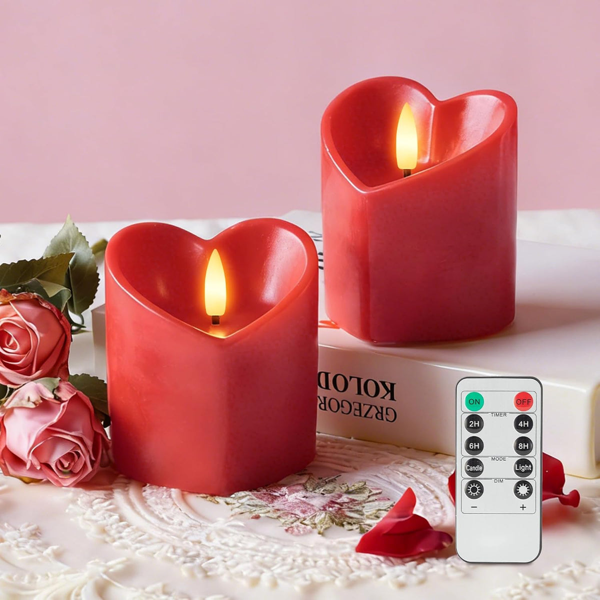 JOIONE Valentines Day Red Heart Flameless Candles with Remote, 2 Pack
