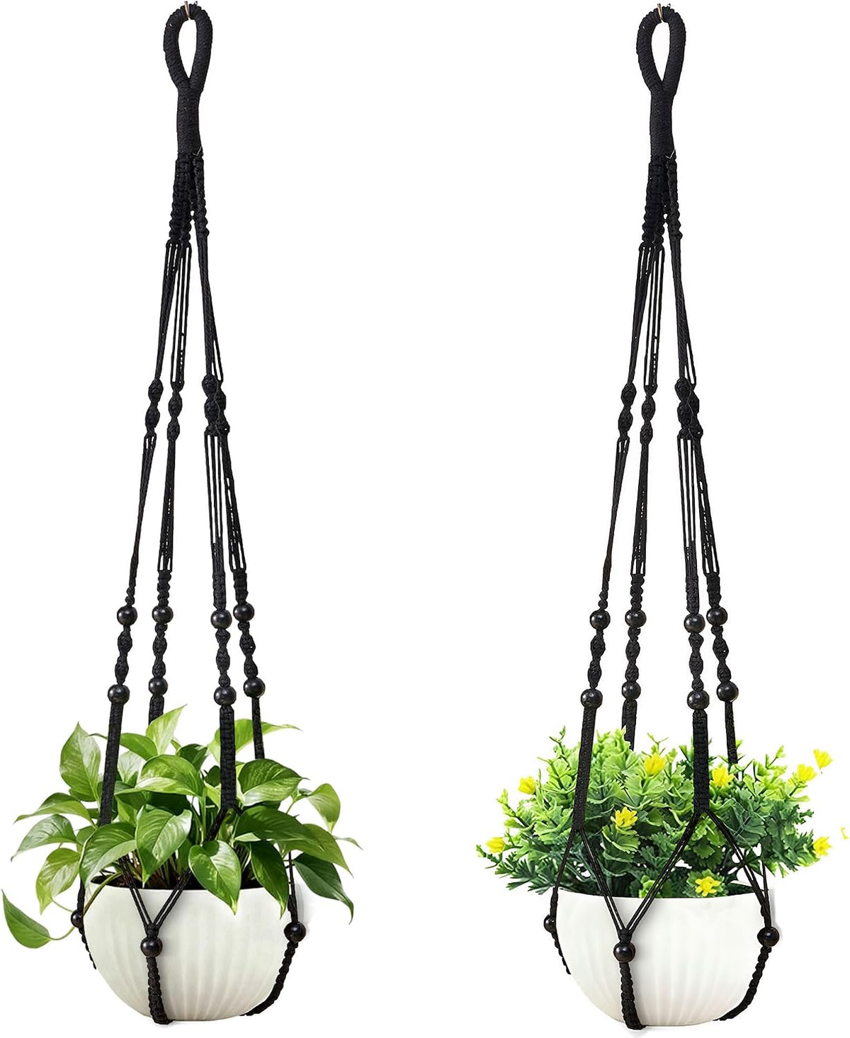 35 Inch Macrame Plant Hanger, Hanging Planter Basket with Wood Beads, Decorative Flower Pot Holder for Indoor Outdoor Boho Home Decor, Set of 2 (Black)