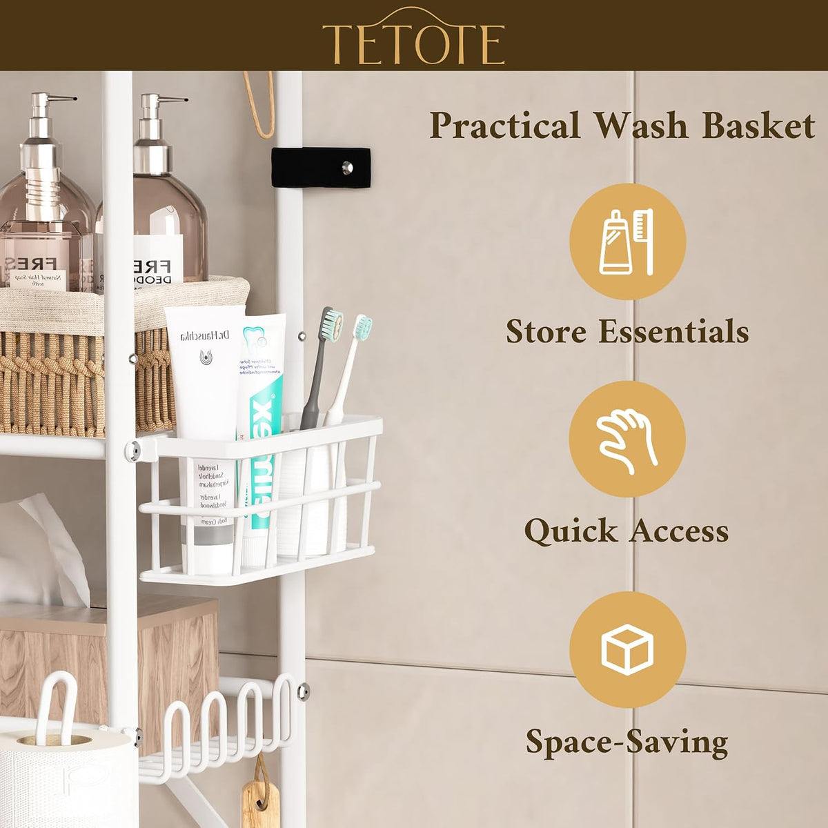 TETOTE Over the Toilet Storage Cabinet, 3-Tier White Bathroom Shelves Over Toilet with Toilet Paper Roll Holder, Freestanding Metal Rack