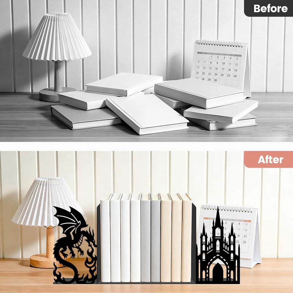 2pcs Castle Dragon Metal Bookends Middle Ages Heavy Duty Adjustable Book Stopper for Shelves and Desk Decorative Black Bookends for Heavy Books Cookbooks Vinyl Records with Non-Slip Pads
