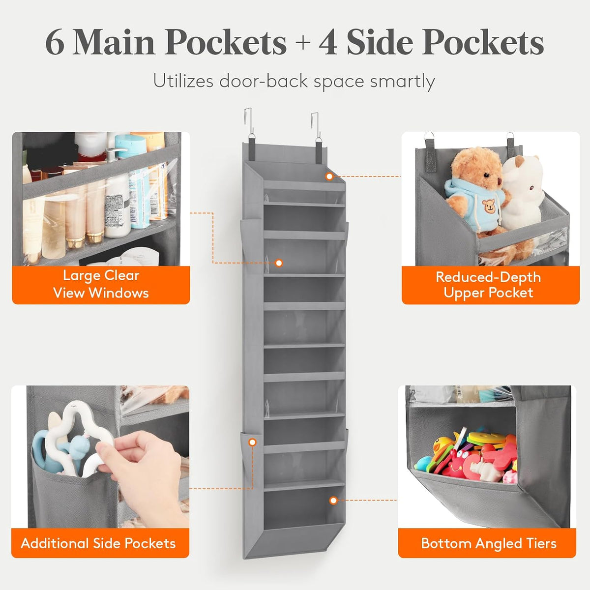 Lifewit 1 Pack Over the Door Organizer, 6 Section Hanging Storage, Gray