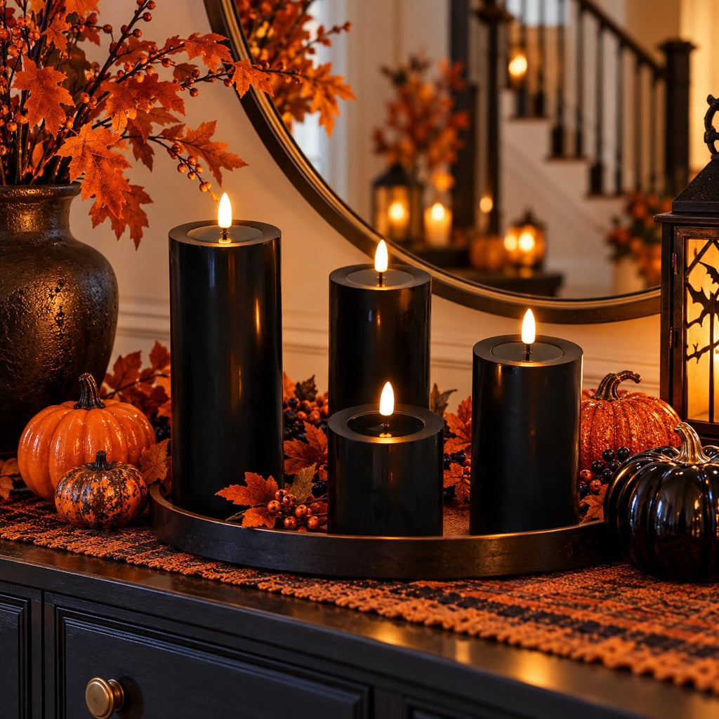 Lezonic Black Flameless Candles with Remote, LED Battery Operated Flickering with Timer, 4 Pack Glossy Wax Drips Design Real Wax Pillar for Halloween Decor, Centerpiece, Birthday Gifts (4/5/6/8 Inch)