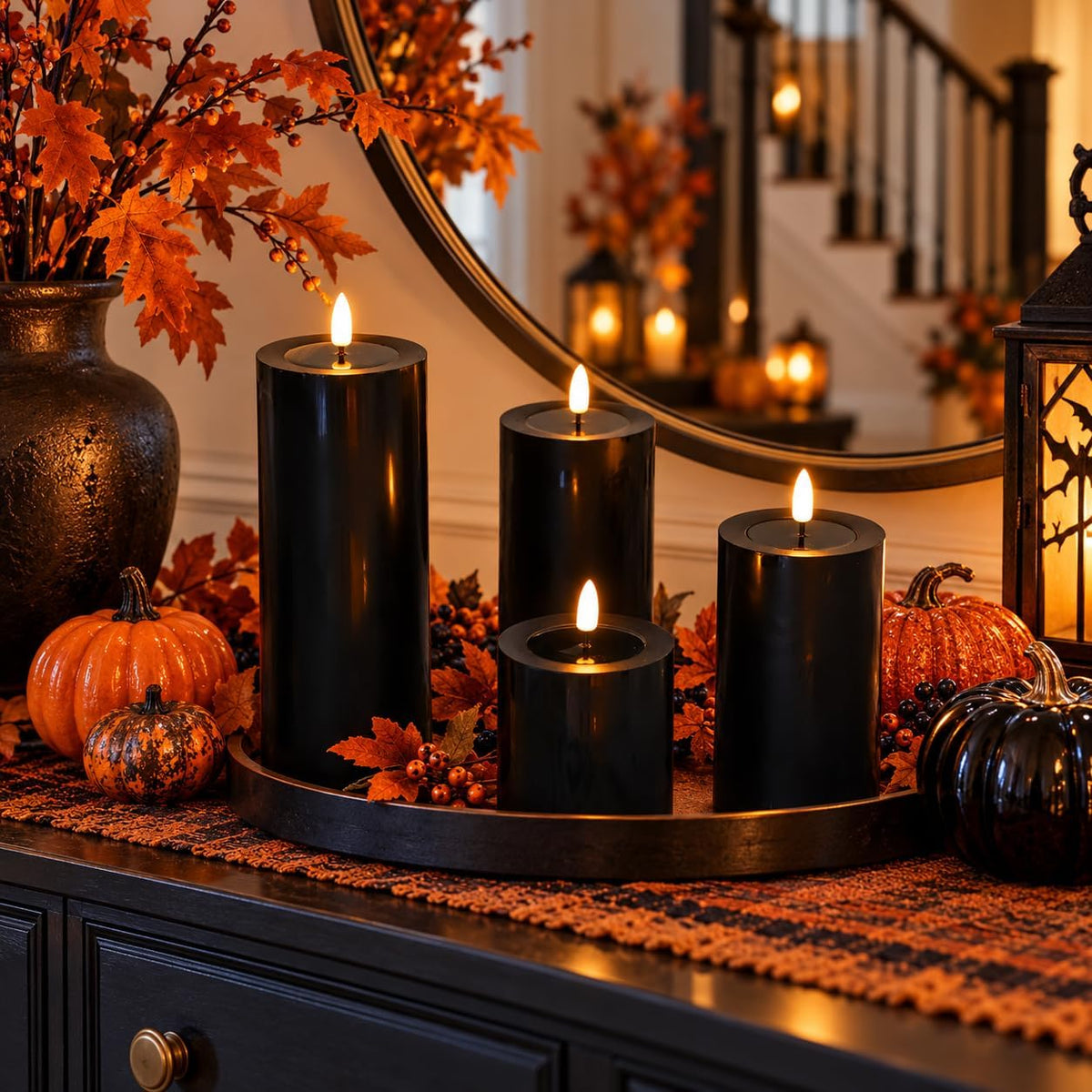 Lezonic Black Flameless Candles with Remote, LED Battery Operated Flickering with Timer, 4 Pack Glossy Wax Drips Design Real Wax Pillar for Halloween Decor, Centerpiece, Birthday Gifts (4/5/6/8 Inch)