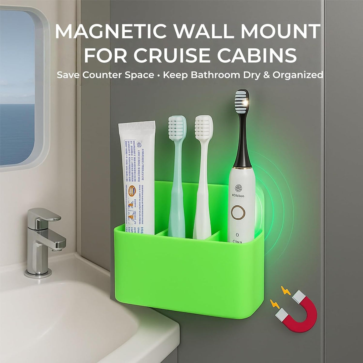 Magnetic Toothbrush Holder for Cruise Ship Cabins – Cruise Essentials 2026 & Travel Must Haves – Wall-Mounted Cruise Bathroom Organizer for Alaska & Caribbean Staterooms (Green)