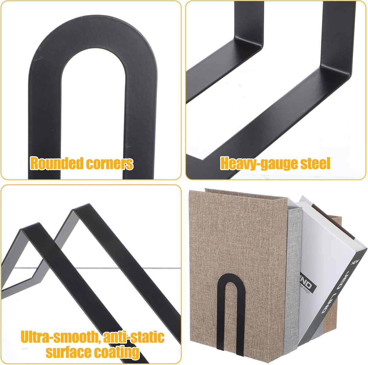 6 Pcs Modern Metal Bookends for Shelves, Metal Small Book Ends Book Shelf Organizer Minimalist Book Ends for Books/Movies/CDs, Decorative Bookends for Home Office, 5.5 x 3.75 x 2.25inch (Black)