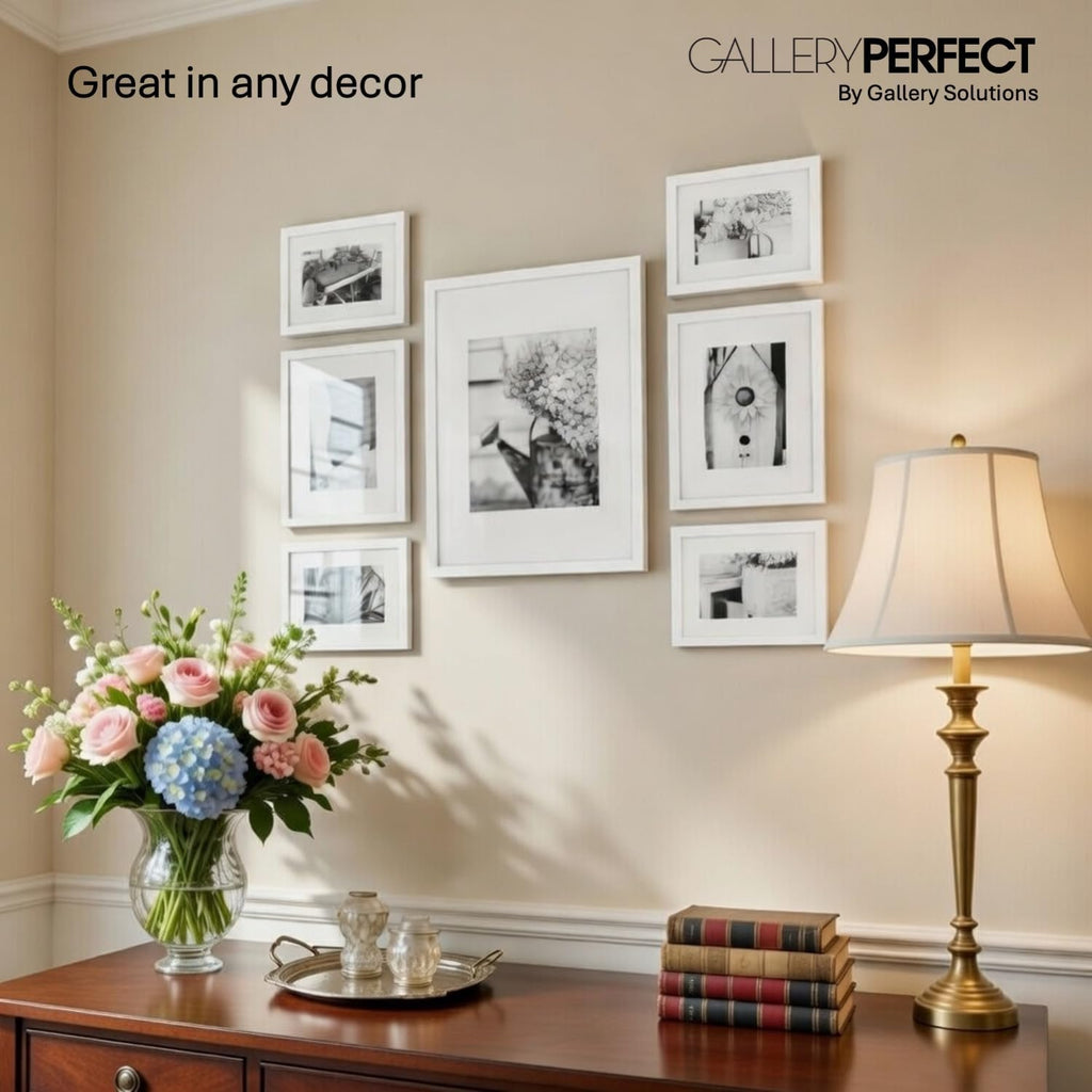 GALLERY PERFECT Multi-Size Picture Frame Set 7 Pack, White Gallery Wall Frames with Hanging Hardware, Clear Glass - One 12x16, Two 8x10, Four 6x8 Matted Photo Frames for Wall Display