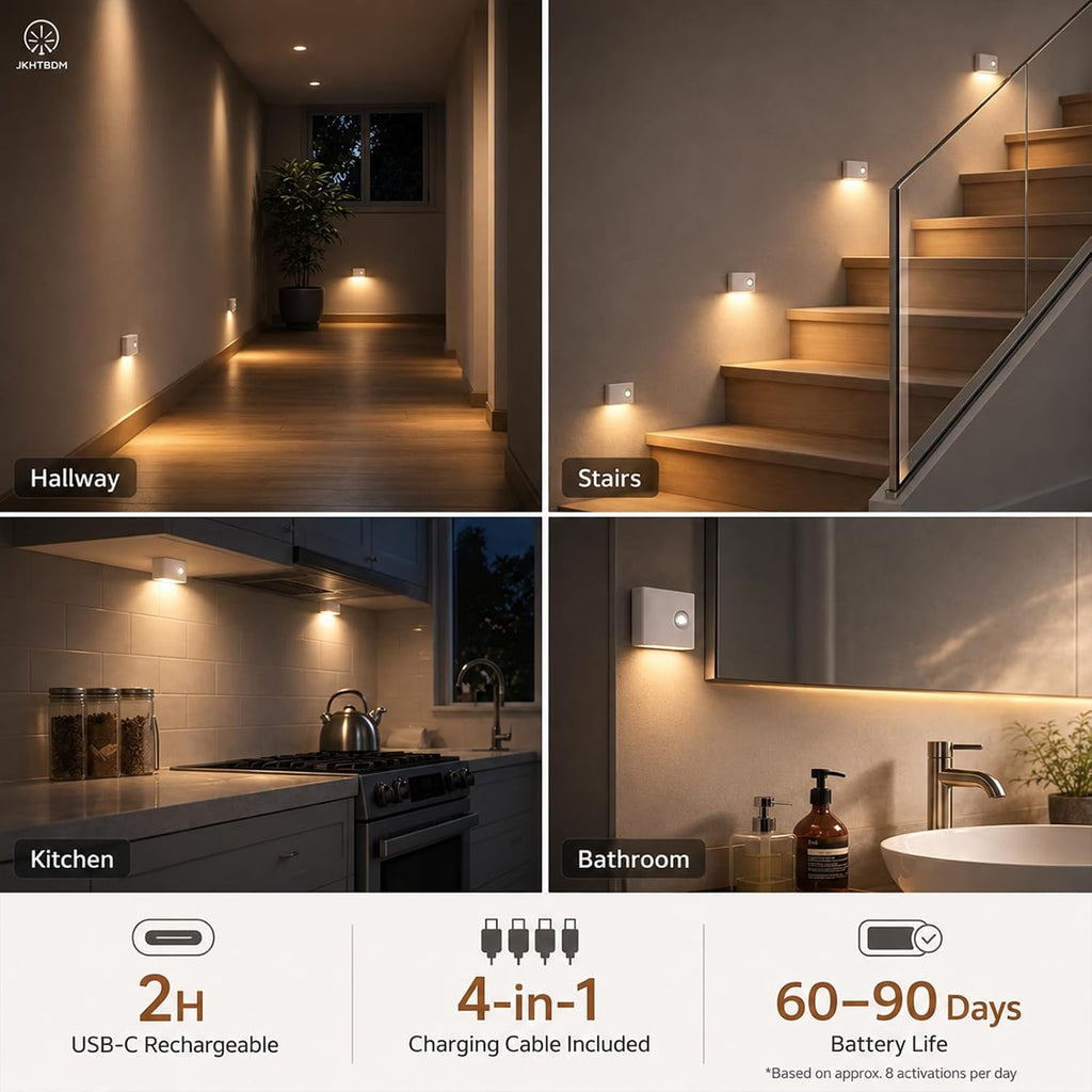 4Pack Motion Sensor Night Lights, Wireless Rechargeable Stair Lights Indoor,3 Color Temperatures & Stepless Dimming, LED Night Lights for Stairs, Hallway, Kitchen, Closet, Cabinet