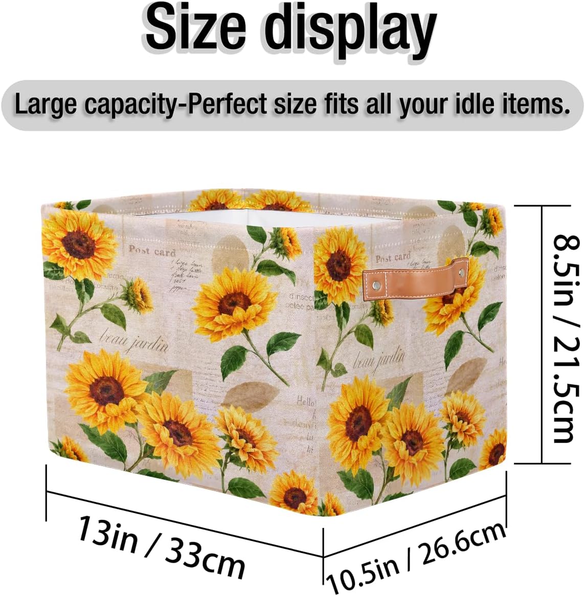 Storage Basket Flower Floral Sunflower, Large Foldable Organizer Storage Bins for Shelves, Sturdy Canvas Cubes Storage Boxes with Handles for Toys Closet Nursery Office Living Room 15" x 11" x 9.5"