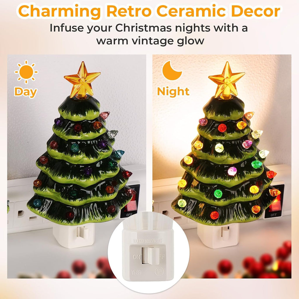Brightever Ceramic Tree Night Light for Christmas Wall Decorations, 6" H Decorative Christmas Tree Nightlight with Multicolor Bulbs, On/Off Switch, Retro Xmas Decor for Bathroom, Bedroom - Green