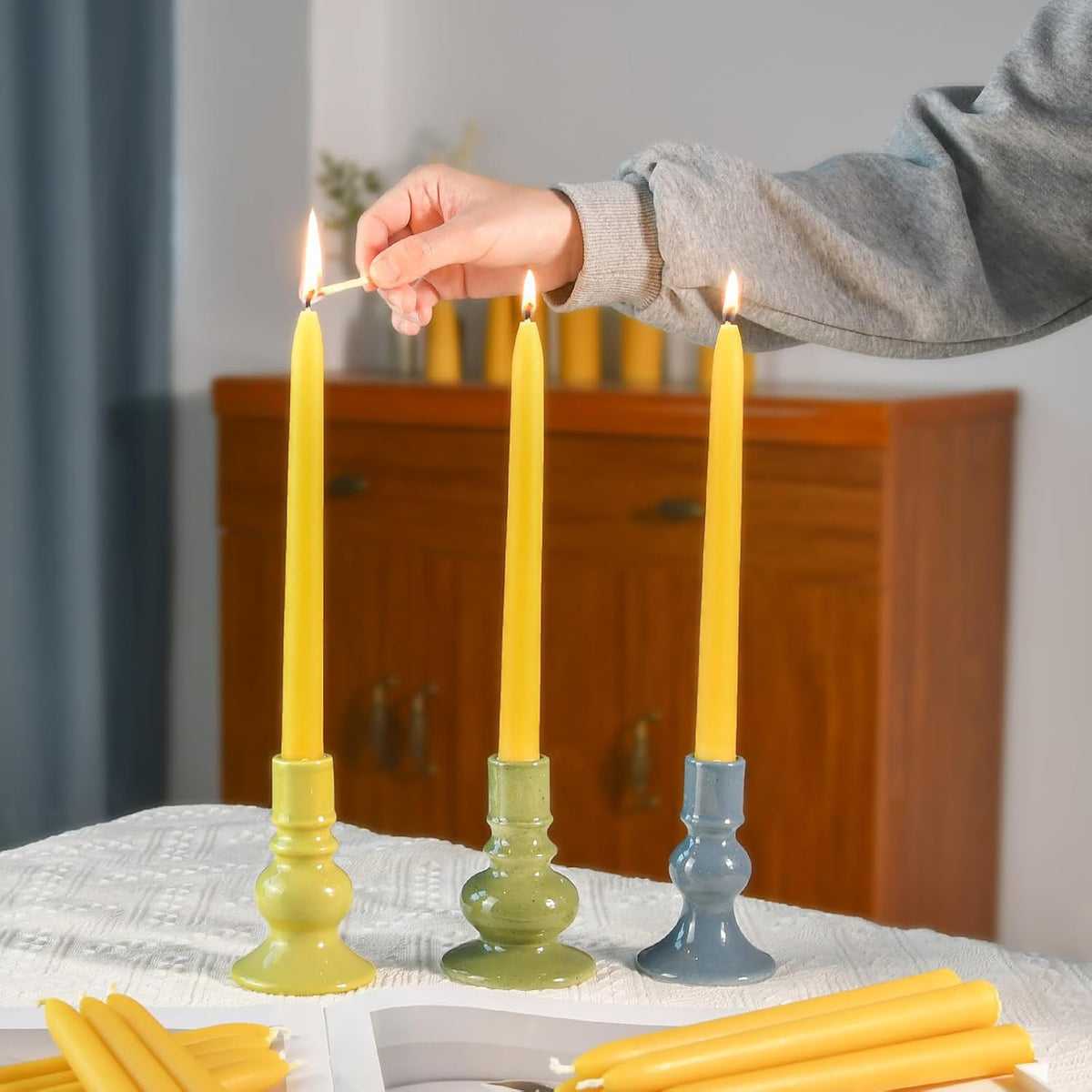 DEYBBY Beeswax Taper Candles, Clean Burning, Natural, 9 Inch, Set of 12
