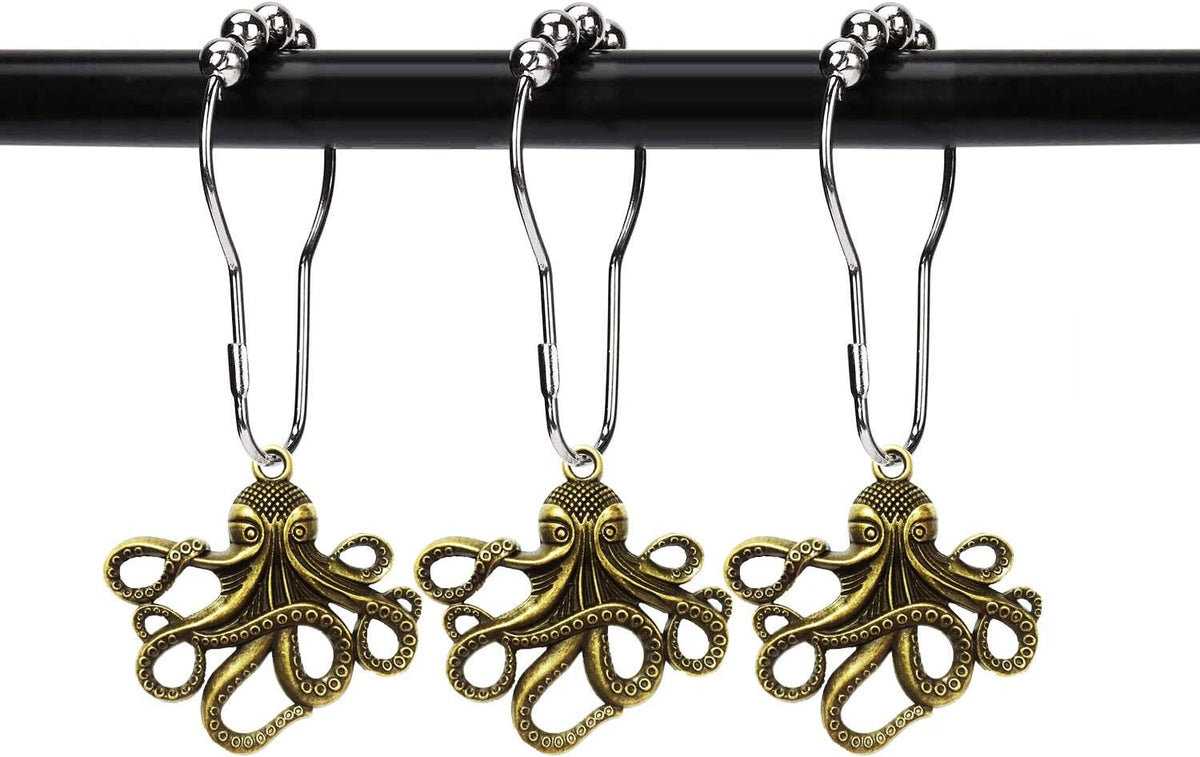 Set of 12 Octopus Shower Curtain Hooks Decorative Home Bathroom Squid Sea Creature Beast Stainless Steel Rustproof Brushed Nickel Rings with Octopus Decorative Accessories (Bronze)