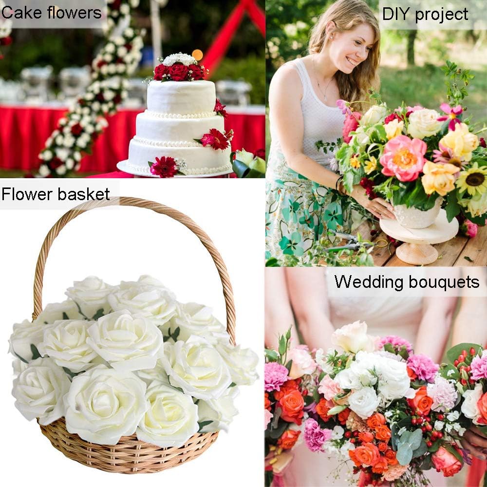 Higfra Artificial Flowers 25pcs Real Looking Pink Foam Fake Roses with Stems for DIY Wedding Bouquets White Bridal Shower Centerpieces Arrangements Mothers Day Party Tables Decorations
