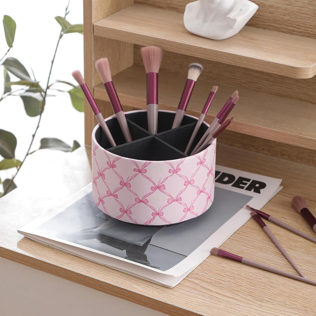 Cute Rotating Table Remote Control Holder, 360 Spinning PU Leather Remote Organizer and Makeup Brush Holder, Aesthetic Room Decor Storage Caddy for Nightstand, Pink Bow PH131