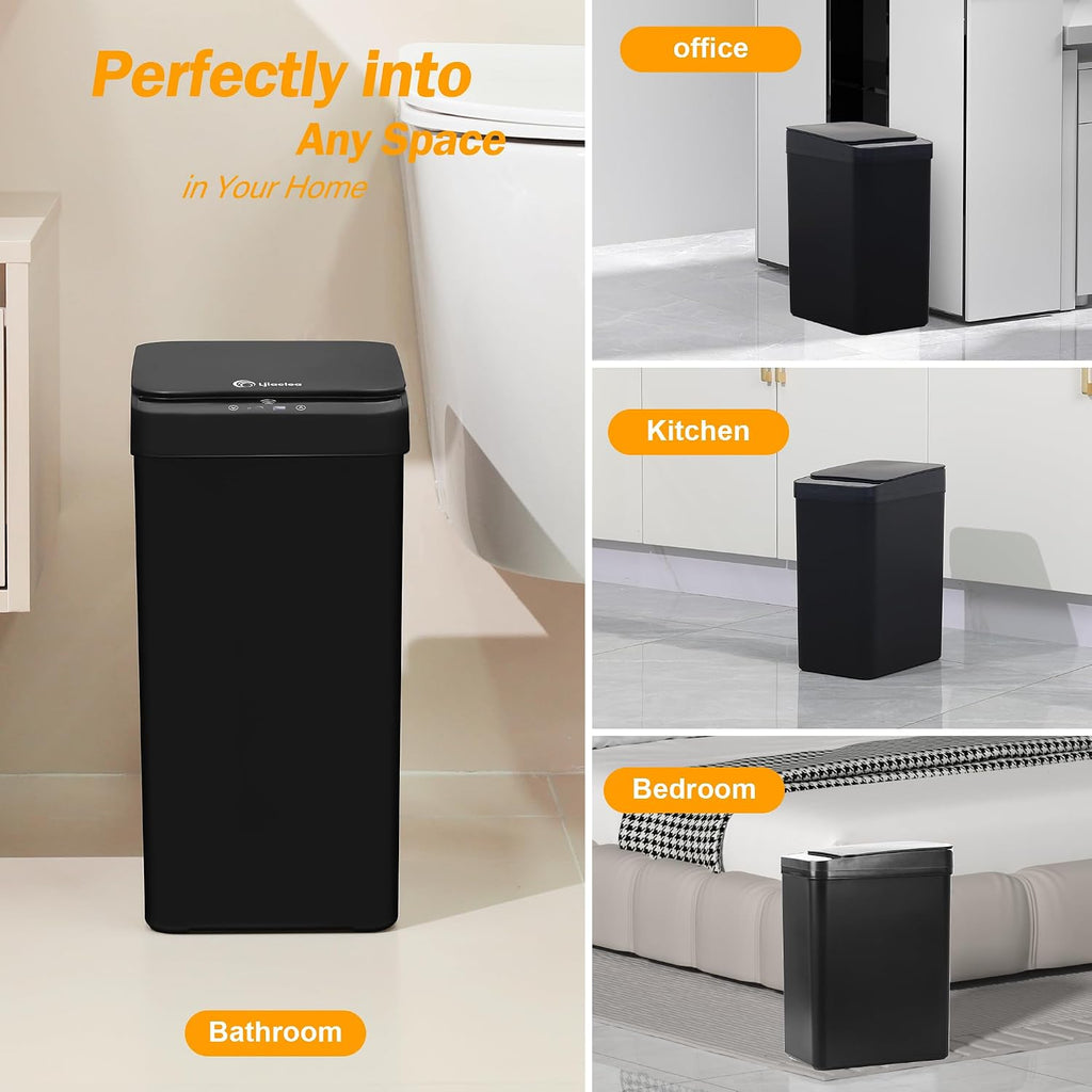 4 Gallon Bathroom Smart Touchless Trash Can for Kitchen Automatic Motion Sensor Rubbish Can with Lid Waterproof Narrow Small Garbage Bin for Kitchen, Toilet, Bedroom, RV(Black,Battery)
